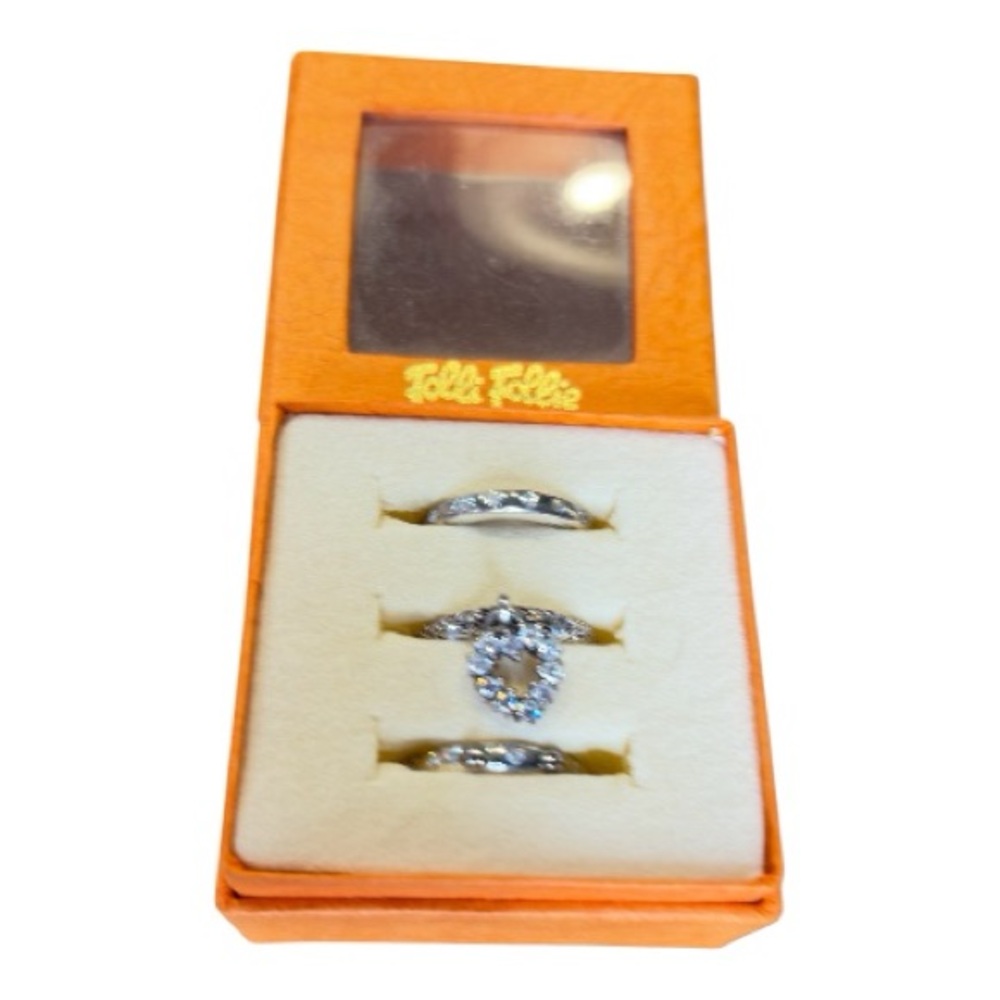 Folli Follie 3-Piece Sterling Silver CZ Wedding Ring Set w/Box–925 Silver Bridal